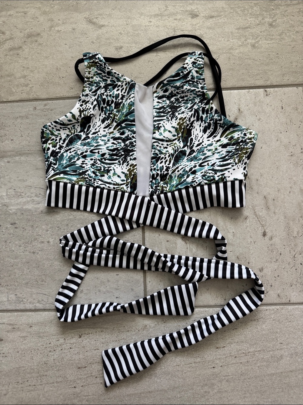 Girls Green Abstract Print High-Neck Dance Top with Black Stripe Wrap Ties